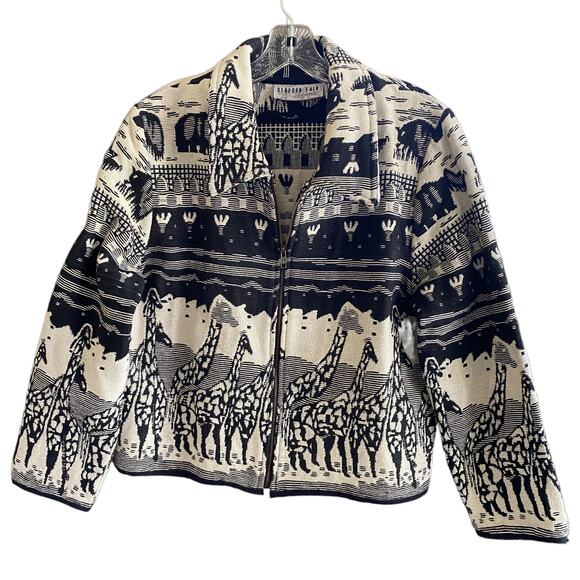 Giraffe Rhino Safari Petite M Zip Front Blazer Jacket Cotton BEDFORD FAIR MP PM - Picture 1 of 9